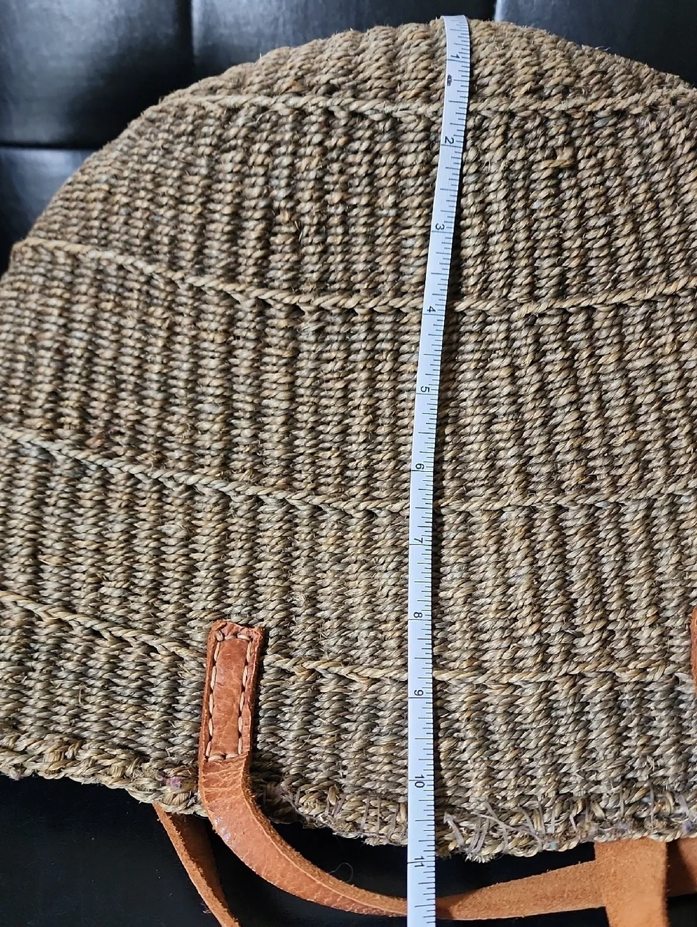 African Woven Sisel Jute Leather Strap Large Market Tote Purse Bag Vintage - Picture 10 of 11